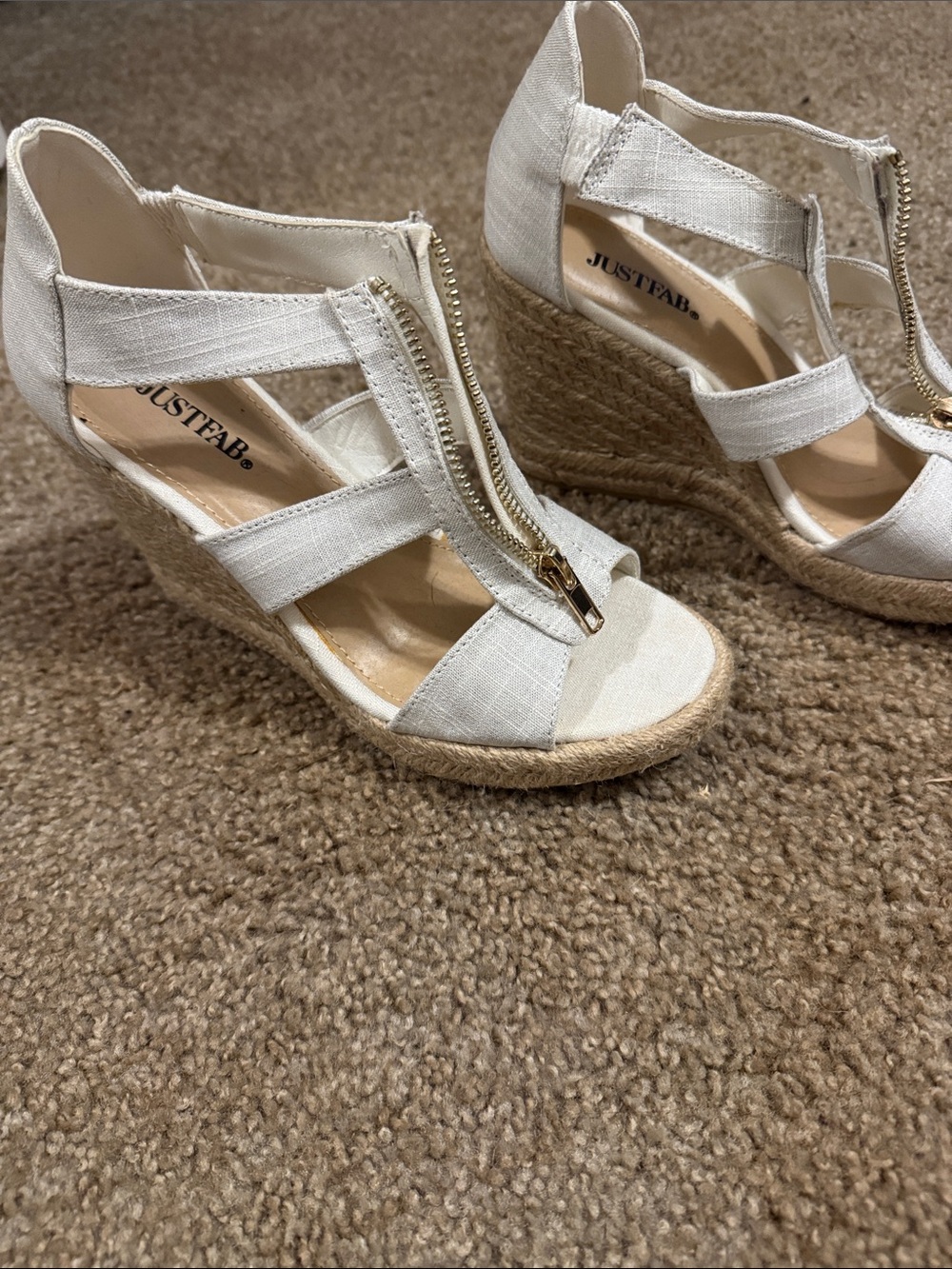 JustFab White Espadrille Wedge Sandals with Gold Front Zipper